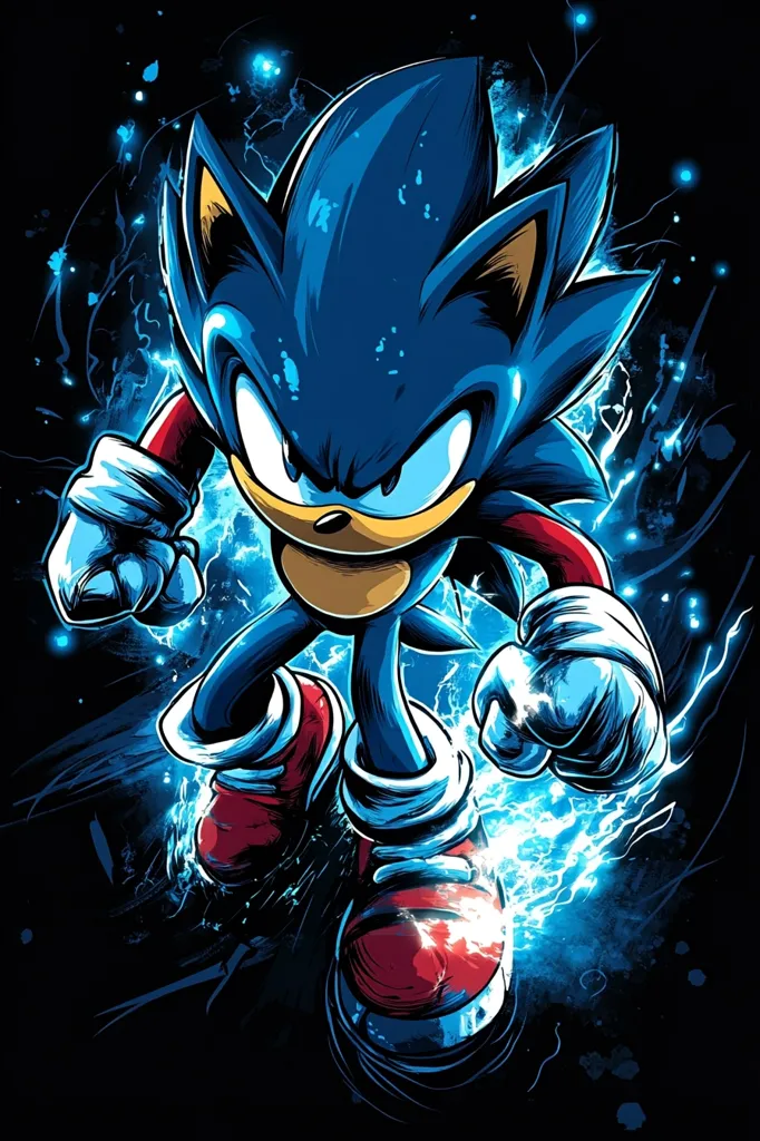 The image depicts Sonic the Hedgehog in a dynamic pose, his blue fur bristling with energy. He's mid-leap, fists clenched, surrounded by a burst of electric blue light. The background is a dark, almost abstract swirl of energy, further emphasizing Sonic's power and speed. His red shoes are visible as he charges forward, leaving a trail of lightning in his wake. The illustration captures Sonic's iconic energy and fierce determination, making him a captivating subject.