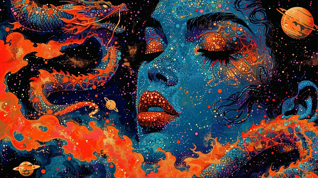 The image is a psychedelic illustration of a woman's face, partially obscured by a dragon, with a dark blue background. The woman's face is made up of small, colorful dots, as is the dragon, which appears to be flying through a starry sky. The image is full of vibrant colors and swirling patterns.  A bright orange ringed planet is in the upper right corner, and a few other smaller, ringed planets are scattered throughout.