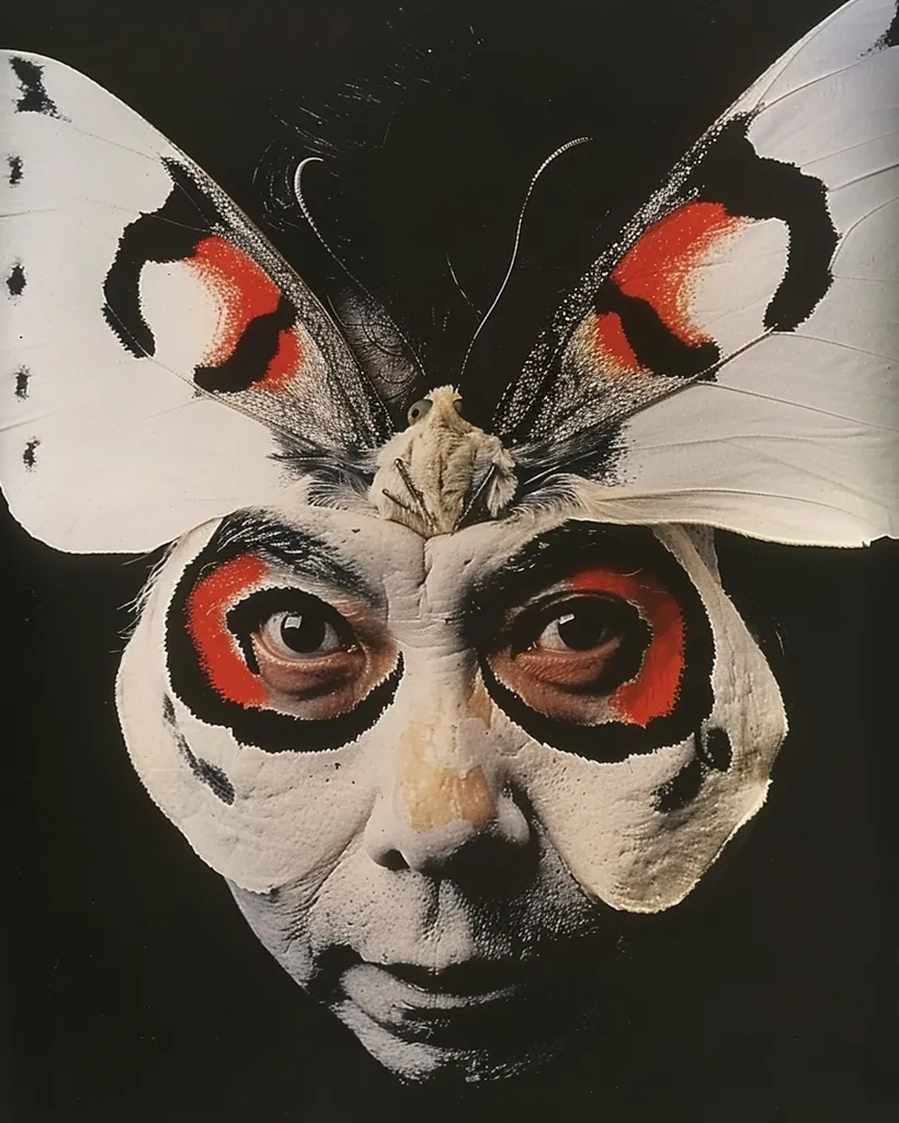 A close-up portrait of a man with a white face painted with black and red markings resembling a butterfly. The butterfly's wings are positioned above his head, framing his face. The man's expression is serious, with intense eyes, and the dark background emphasizes the dramatic contrast of the colors. The image evokes a sense of mystery and theatricality.