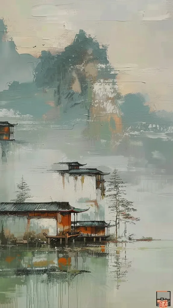 The image depicts a serene, misty landscape with traditional Asian architecture. Three structures, built on stilts above a calm body of water, are nestled in the foreground. A large, misty mountain range fills the background, hinting at a peaceful, tranquil atmosphere. The painting's soft colors and brushstrokes create a sense of serenity and tranquility. The overall impression is one of quiet beauty and harmonious coexistence with nature.
