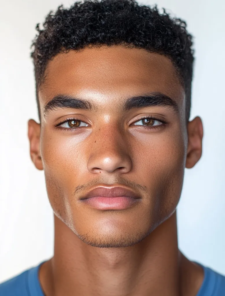 The image shows a close-up portrait of a young man with short, curly black hair. He has brown eyes, a defined jawline, and a hint of facial hair. He is looking directly at the camera with a serious expression. The lighting is soft and natural, highlighting his features. He is wearing a blue t-shirt.
