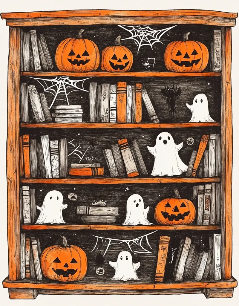 A wooden bookcase filled with books, decorated for Halloween. There are pumpkins, ghosts, and cobwebs on the shelves. The books are arranged in a variety of sizes and colors. The bookcase is a traditional style, with a dark wood finish. The image is drawn in a whimsical, cartoon style.