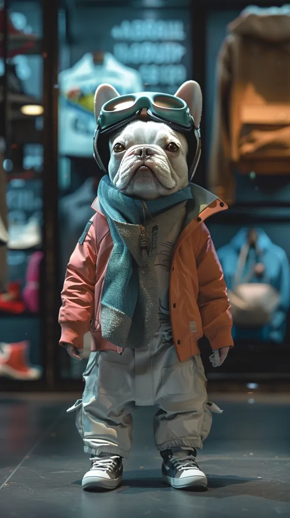 A white French bulldog wearing a blue scarf, an orange jacket, and a pair of goggles stands in a retail store. The dog has a serious expression on its face and is looking directly at the camera. The background is blurred, but it appears to be a shoe store, with various pairs of shoes visible.  The dog's outfit is casual and stylish, and it looks like it is ready for anything.