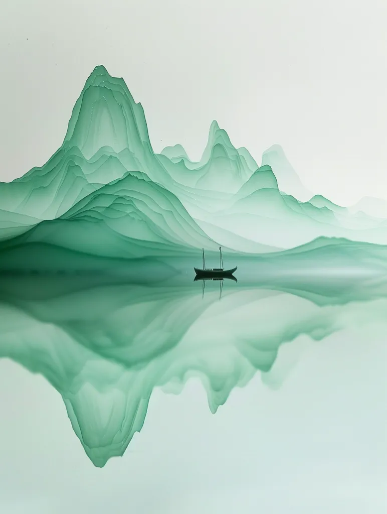 The image depicts a serene landscape with a single boat sailing on a calm body of water. The boat is silhouetted against a misty background, creating a sense of tranquility and isolation. The water reflects the soft, green hues of the mountains, suggesting a harmonious and peaceful atmosphere. The image is reminiscent of traditional Chinese ink wash painting, capturing the essence of nature's beauty through subtle strokes and washes.