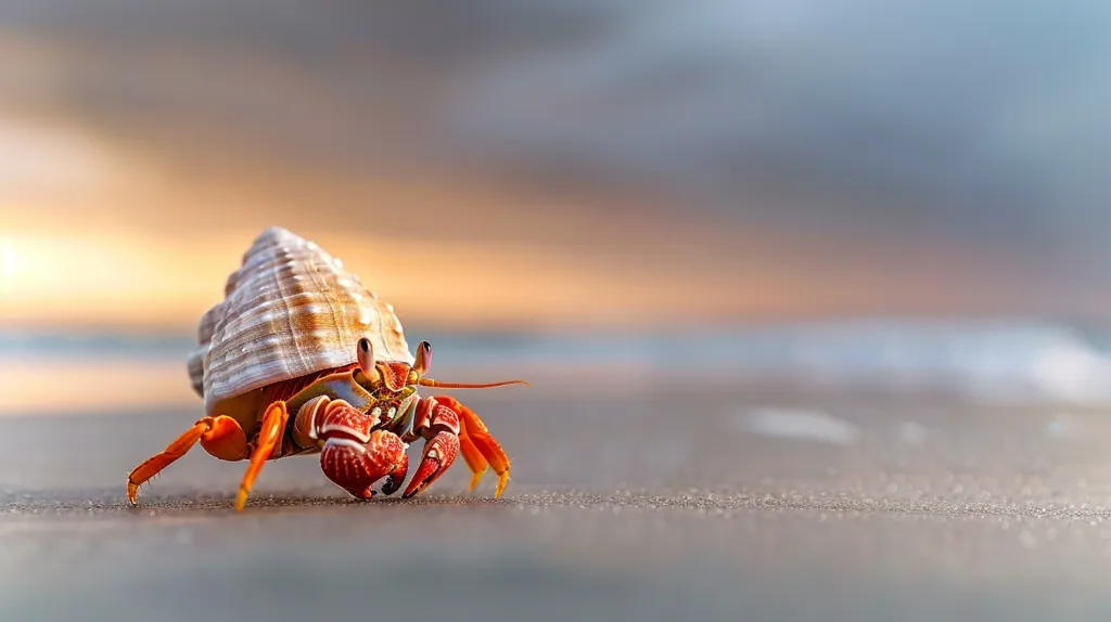 A hermit crab, with its bright orange and red body, is seen walking on a sandy beach. It is carrying a large, spiraled shell on its back. The crab is in focus, while the background is blurred with a soft sunset sky and foamy water.