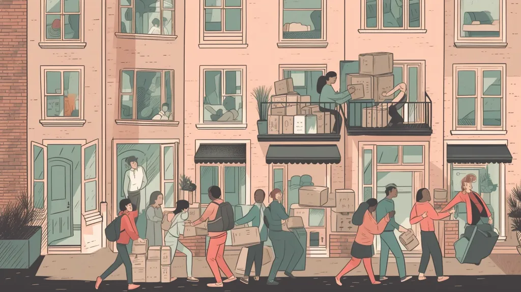 A group of people are moving out of a building. They are carrying boxes and other belongings, and there are stacks of boxes on the balcony. The building is pink and has large windows. The scene is drawn in a cartoon style.  The people appear to be happy and excited to be moving.  A person is holding a potted plant in the window on the right.