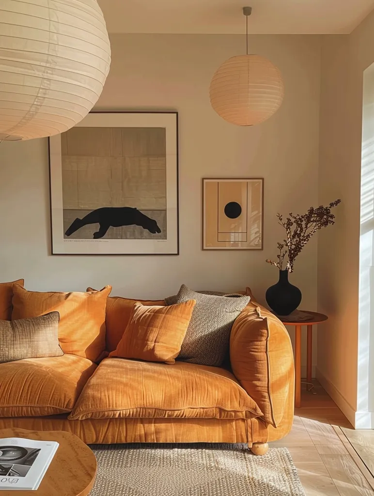 A minimalist living room with a large, plush orange couch, two round white paper lanterns hanging from the ceiling, and a framed black and white print on the wall. The room has natural light and wooden floors with a small brown rug.  There is a side table with a vase of dried flowers, and a coffee table with a magazine on top.  The overall aesthetic is warm and inviting.