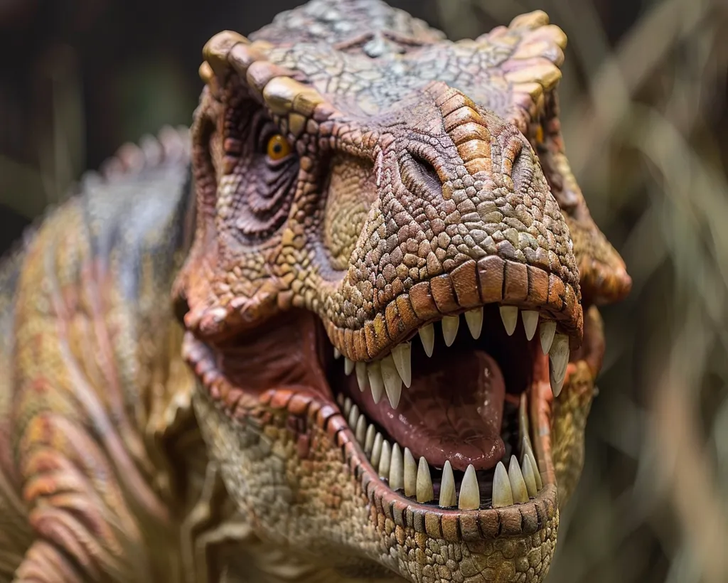 The image shows a close-up of a T-Rex dinosaur's head. The dinosaur has a wide open mouth, revealing its sharp teeth and a long, pink tongue. The texture of its skin is rough and scaly, with a mix of brown and orange tones. The dinosaur's eye is visible, and its expression is fierce and predatory.  The background is blurred, suggesting the dinosaur is in a natural habitat.