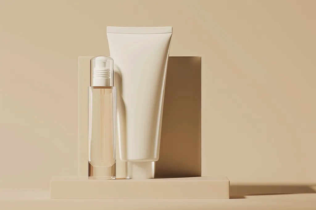 A white tube of lotion and a clear glass bottle with a dropper are displayed on a light brown platform. The bottles are minimalist and sleek, reflecting the simplicity of the surrounding space. The neutral backdrop allows the products to stand out, showcasing their design and texture.  The image evokes a sense of cleanliness and refinement.