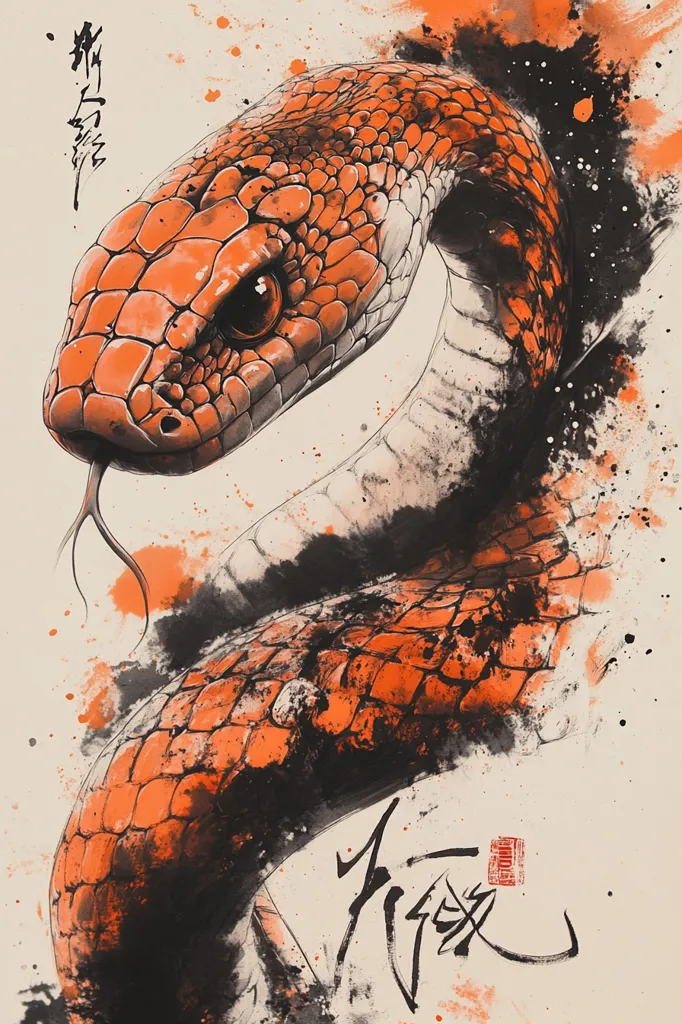 A detailed painting of an orange snake with black and white accents in a traditional Japanese style. The snake is coiled, its head facing the viewer with an intense gaze.  Black ink splatters and brushstrokes create a dynamic background, adding to the sense of movement and energy.  The image includes Japanese calligraphy in black and red, adding a cultural element.