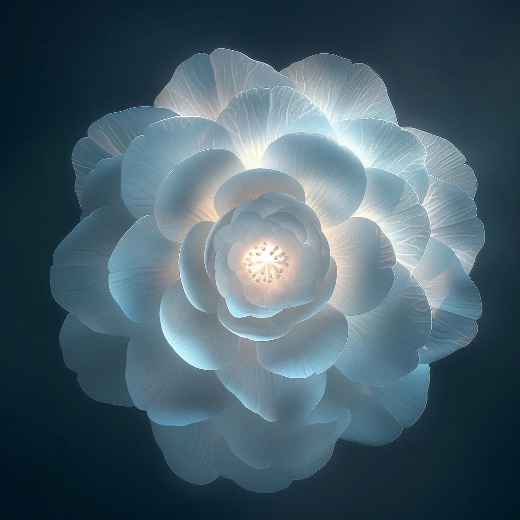 A large, white paper flower with a light in the center. The flower is made up of many petals, and the light shines through the paper, creating a soft glow. The flower is against a dark blue background.