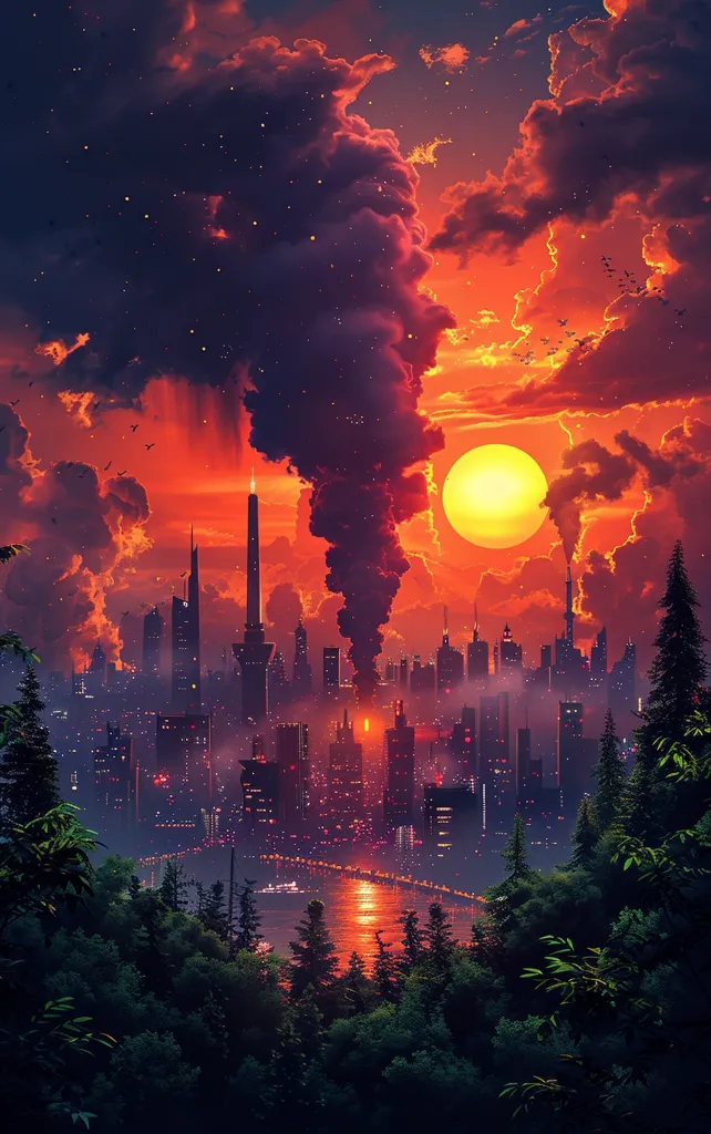 The image depicts a cityscape silhouetted against a fiery sunset. A large cloud of smoke billows over the city, obscuring the sun. A bright yellow sun peeks through the clouds, casting a warm glow on the cityscape. Trees line the foreground, framing the scene and adding a sense of depth. The image conveys a sense of both awe and impending danger.