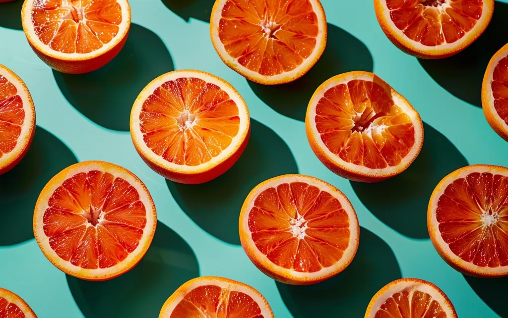 A vibrant arrangement of blood oranges, sliced in half, sits on a teal background. The bright orange flesh and juicy segments are illuminated by a warm light, casting subtle shadows. The composition creates a visually appealing and appetizing display.