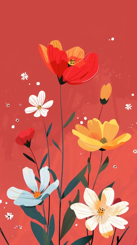 The image depicts a vibrant floral arrangement on a solid red background. The flowers are stylized and come in various colors: bright red, yellow, white and light blue. The image is created in a minimalist style, focusing on the simplicity of the flower shapes and their contrast with the red background. The flowers are shown in various stages of bloom, adding a sense of life and movement to the composition.