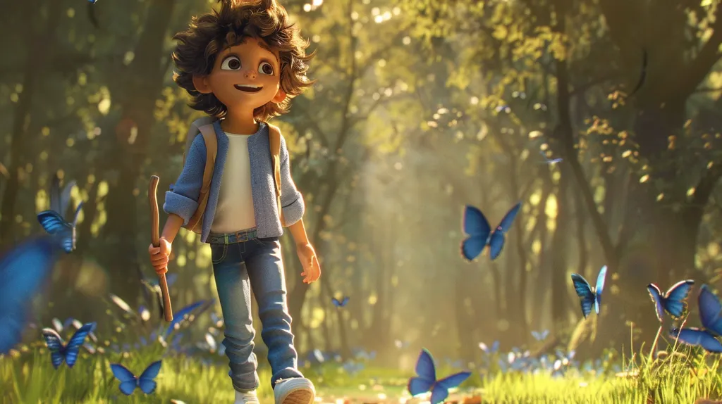 A young, animated boy with brown hair and big, brown eyes walks through a forest filled with sunlight. He smiles broadly as he holds a wooden stick and wears a blue jacket and jeans.  Many blue butterflies flutter around him, adding to the whimsical and enchanting atmosphere.  The scene depicts a moment of joy and adventure in the natural world.