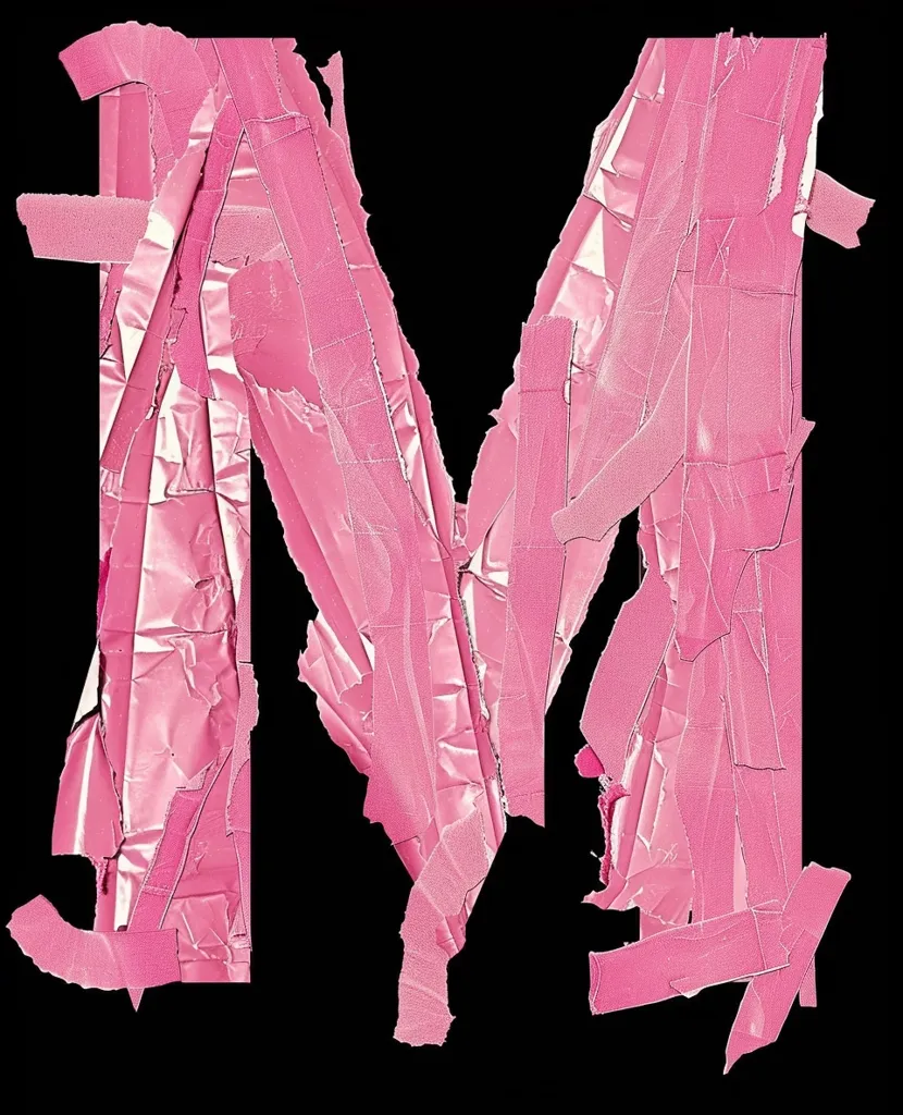 The image shows the letter "M" created from pink, crinkled, and torn pieces of paper. The letter is set against a black background, emphasizing the pink color and the textured surface of the paper. The irregular shape of the letter adds a sense of playfulness and adds a unique texture.