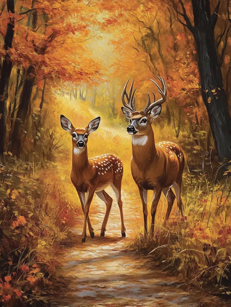 Two deer stand on a path in a golden autumn forest. The larger deer has antlers and is on the right. The smaller deer is on the left and is a fawn. The path is lined with colorful foliage and the sunlight filters through the trees. The scene is painted in a realistic style with warm colors.