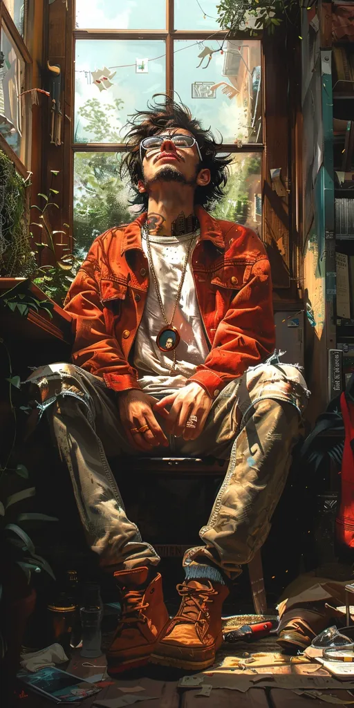 A young man with long, dark hair sits in a chair by a window, wearing a red jacket, jeans, and boots. He has a gold chain necklace with a locket around his neck, and is looking up at something outside the window. The room is cluttered and dusty, with bookshelves and plants in the background. The image has a warm, nostalgic feeling.