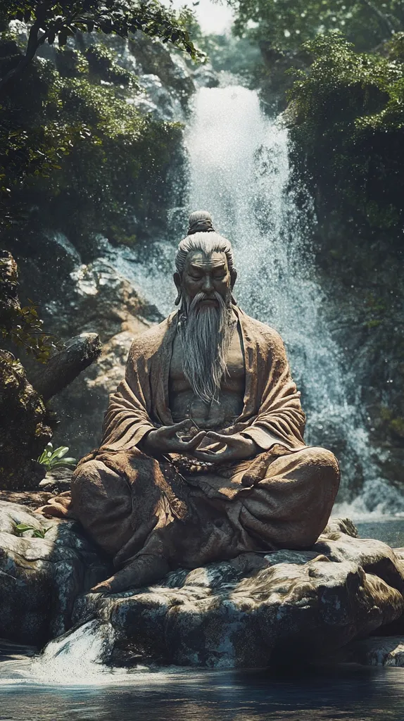 A serene image of a wise-looking man, with a long white beard, sitting in a meditative pose in front of a flowing waterfall. He is dressed in simple robes, and his expression is calm and peaceful. The scene is a testament to the tranquility and beauty of nature, and the power of contemplation. The image evokes a sense of peace and serenity, and inspires the viewer to reflect on their own inner peace.