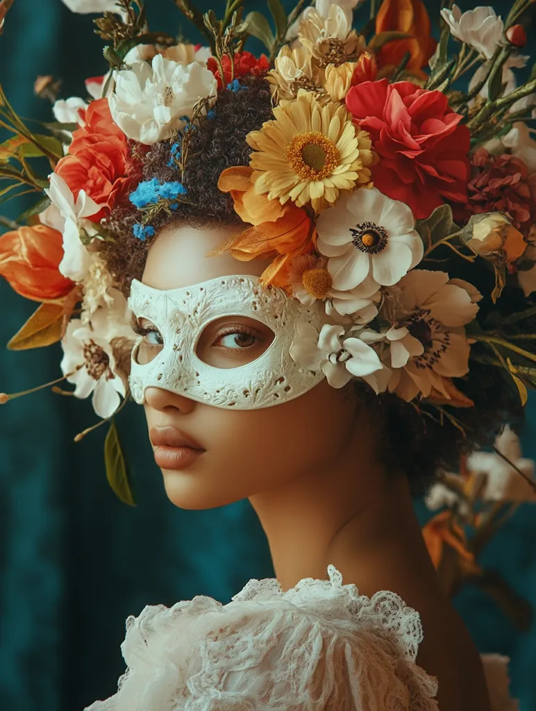 A woman with dark hair and a white mask covering her eyes is adorned with a large, vibrant floral crown. The crown is a mix of yellow, red, and white flowers, creating a striking contrast against her dark hair and the teal background. The woman's gaze is soft and contemplative, adding a mysterious and elegant air to the image. She is wearing a white lace garment, echoing the delicate nature of the flowers. The overall composition is visually captivating and suggests a sense of hidden beauty and mystery.