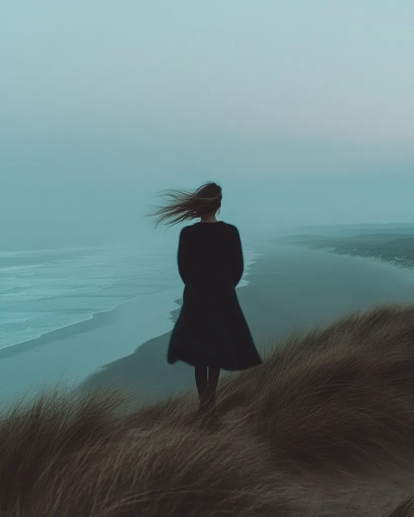 A lone figure stands on a grassy clifftop, gazing out at a vast, misty ocean. The wind whips through their hair, creating a sense of isolation and introspection. The muted colors of the sky and water add to the feeling of solitude, creating a melancholic and atmospheric scene.