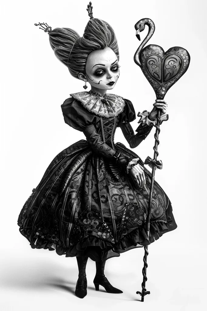 A doll in a black and white image stands with a regal air, dressed in a lavish gown with a wide, full skirt. Her hair is styled in an elaborate updo, crowned with a tiara. She holds a scepter topped with a heart-shaped flamingo, a whimsical touch. The doll's expression is a mix of regality and sadness, her dark eyes gazing intensely. The overall tone is gothic and mysterious, hinting at a story of intrigue and secrets.