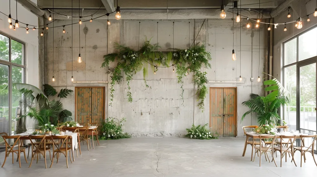 The image shows a large, open room with a concrete wall and wooden doors. The room is decorated with greenery and string lights, creating a rustic and inviting atmosphere. There are two long tables set with chairs, and the space is bathed in natural light. The overall feel is airy and spacious, with a touch of elegance.