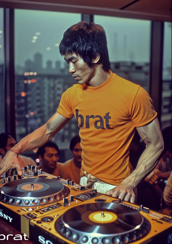 Bruce Lee is shown DJing, his right hand on the mixer, his left hand on the turntable. He is wearing a bright orange shirt that says "brat" in black letters. He is focused on the equipment in front of him. The photo was taken indoors with a city view in the background.  A few people are visible behind him.
