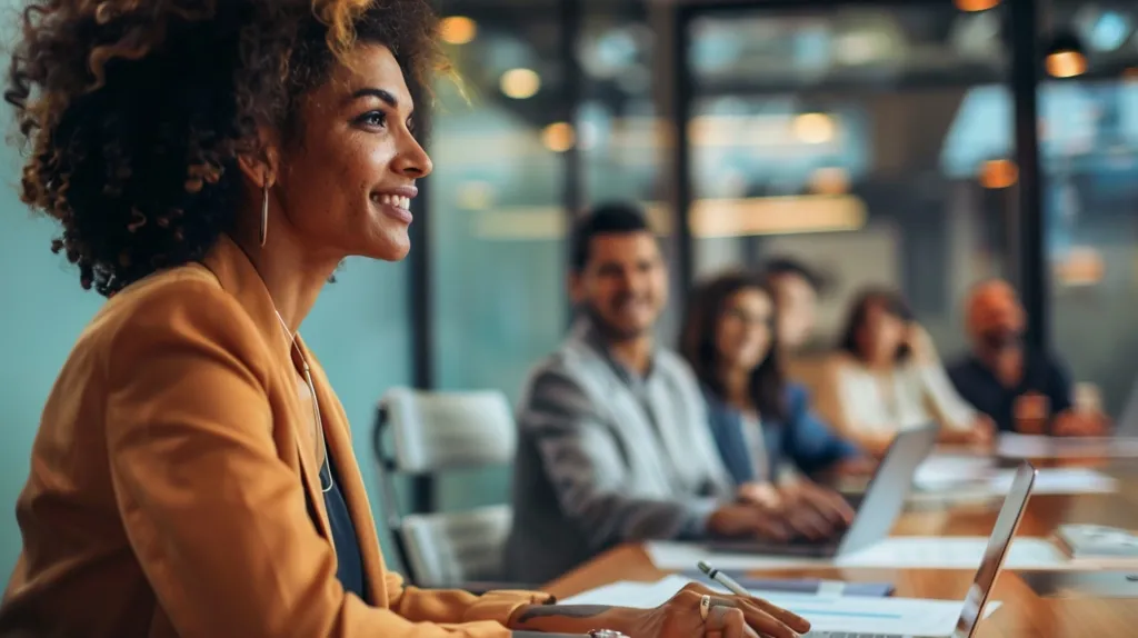 A woman with curly hair sits at a table in a modern office. She wears a brown blazer and looks attentively at someone off-camera. Other people are blurred in the background, suggesting a meeting or presentation. A laptop and a pen sit on the table in front of her. The image evokes a sense of professionalism and focus.