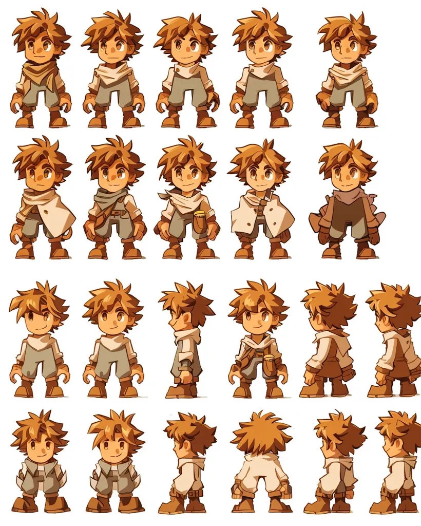 The image shows a cartoon character in various poses, each depicting a different angle or stance. The character is a young boy with brown hair, wearing a white tunic and brown pants. He is often seen holding a pouch or wearing a scarf. The illustrations are detailed and colorful, showcasing the character's design and movement.