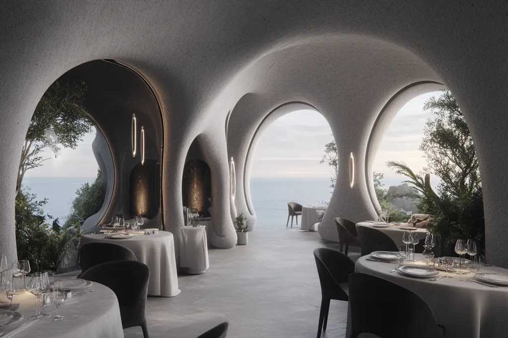 The image shows a modern restaurant with an unconventional design. It features a white, organic ceiling with large, rounded windows overlooking a serene ocean view. The room is furnished with minimalist, white-clothed tables and black chairs. Light streams in from the windows, illuminating the space with a soft glow. The restaurant's unique architecture and breathtaking views create a sophisticated and inviting ambiance.