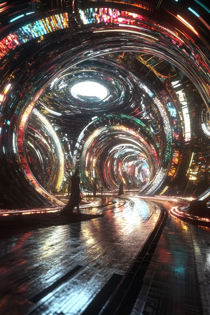 The image depicts a futuristic and abstract tunnel with a swirling, iridescent design. The walls are composed of layers of glowing lines and patterns, creating a sense of depth and movement. The tunnel leads towards a bright, white light at the end. A single figure walks along the path, silhouetted against the vibrant background. The scene exudes a sense of mystery and wonder, hinting at the possibilities of a technologically advanced future.