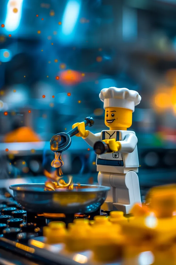 A Lego chef, wearing a white chef's hat, is pouring something from a ladle into a pan on a stove. The pan is on fire and there are bright yellow and blue blurred lights in the background. The chef is smiling and looks happy to be cooking. The scene is a playful and imaginative depiction of a kitchen.