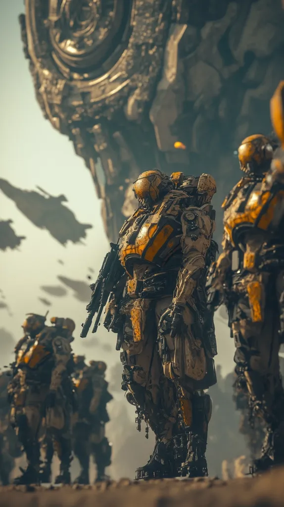 A group of futuristic soldiers, clad in yellow and black armor, stand in front of a massive, intricately-detailed spaceship. The soldiers are armed with advanced weaponry, and their expressions are stoic and determined. The scene is set against a hazy backdrop, giving the image a sense of mystery and intrigue.