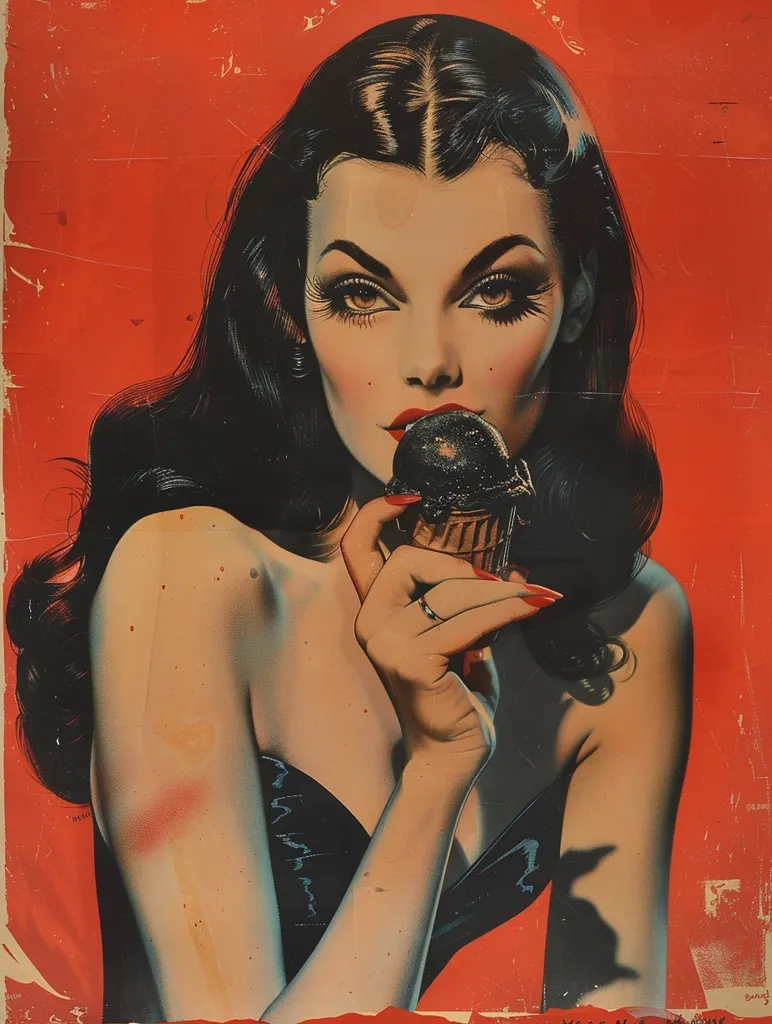 A woman with long black hair and dramatic makeup is holding an ice cream cone. She is wearing a black strapless dress and has a red background behind her. The image is painted in a style reminiscent of vintage pin-up art. The woman's eyes are accentuated with dark eyeshadow and long eyelashes, and her lips are painted a bright red. The ice cream cone is a classic chocolate with a white cone. The overall effect is glamorous and alluring.