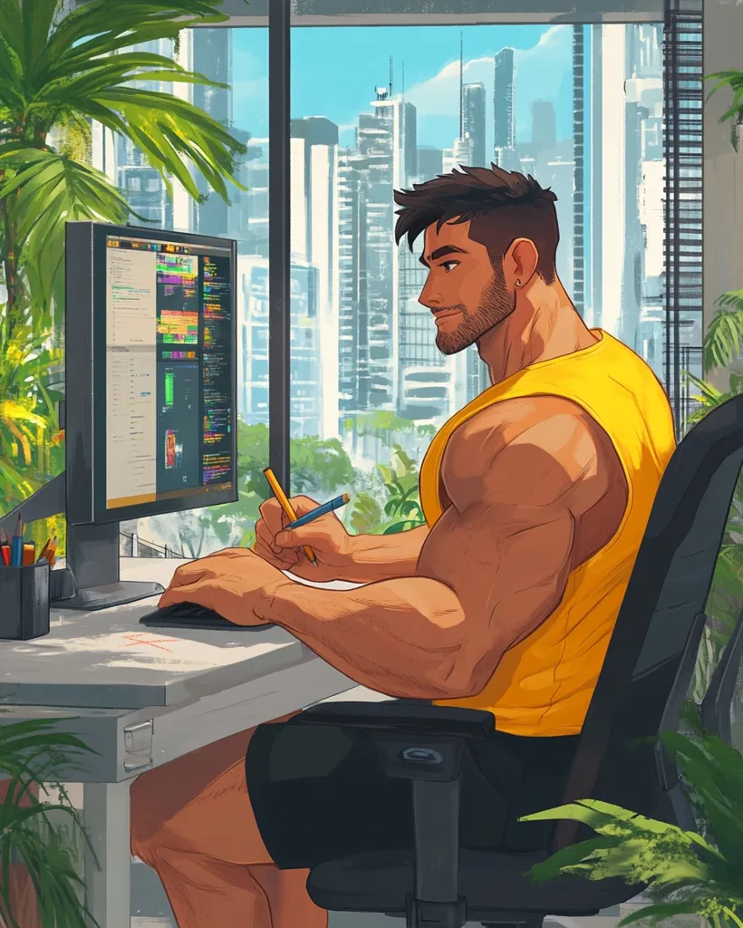 A muscular man with a beard sits at a desk in front of a computer. He is wearing a yellow tank top and black shorts.  He is holding a pencil in his right hand and is looking at the computer screen. A large window behind him shows a cityscape. The scene is brightly lit and the colors are vibrant. The man appears to be focused on his work. There is a potted plant to his left. The image is rendered in a cartoon style.