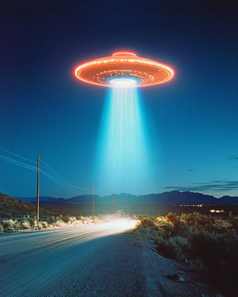A glowing, orange UFO hovers in the night sky, emitting a bright blue beam of light that illuminates a deserted road leading through a mountainous landscape. The surrounding desert is dark and silent, creating a sense of mystery and otherworldliness. The image suggests a sense of isolation and the possibility of alien visitation.