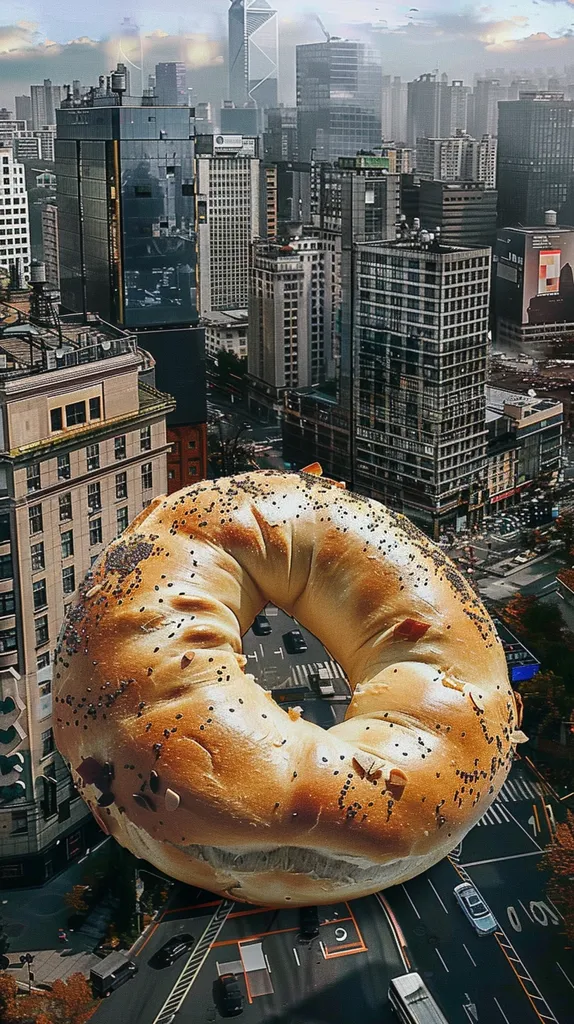 A giant, poppy seed bagel sits on a street in a bustling city. The bagel's size dwarfs the cars and buildings below. A few cars are visible driving on the street, creating a surreal and humorous scene. The background is filled with towering buildings and an overcast sky. The image has a humorous and whimsical feel.