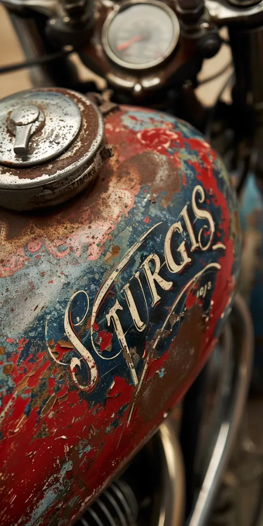 A close-up shot of a vintage motorcycle gas tank, showing the worn, faded paint and the "Saturgis" inscription. The tank is rusty and weathered, suggesting years of use. A chrome gas cap with a visible latch is positioned on the top, adding to the motorcycle's classic appeal.  The background features a blurred view of the bike's front end, including a classic speedometer.  The image captures the essence of vintage motorcycles, showcasing their history and enduring character.