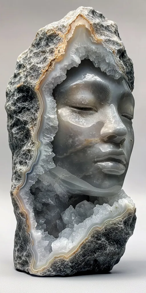 A geode sculpture depicting a woman's face carved into the hollow interior of the geode, surrounded by white crystalline formations. The rough exterior of the geode is dark grey with hints of brown. The woman's face appears serene and peaceful, with her eyes closed.  The contrast between the smooth, delicate face and the rough, textured geode creates a striking and thought-provoking image.