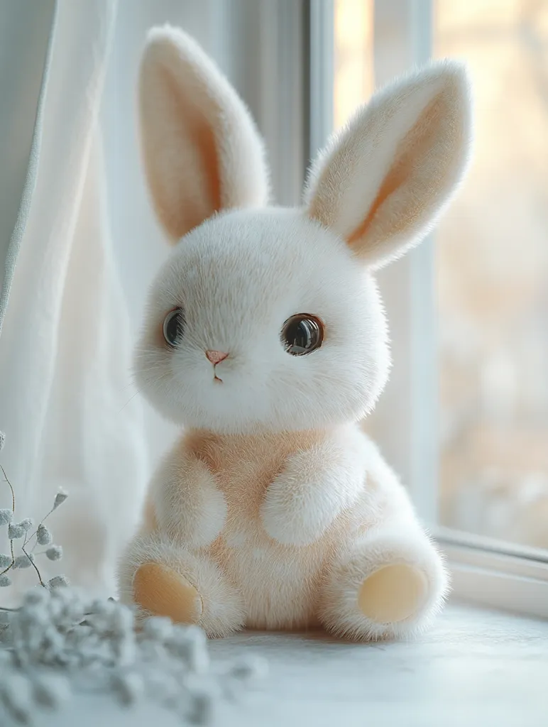 A fluffy, white rabbit with large, dark eyes sits on a windowsill. The rabbit has long, soft ears and a delicate pink nose.  It is facing the camera, with its paws tucked neatly under its body. The window behind the rabbit is blurred, suggesting a soft, natural light.  The overall image is one of cuteness and innocence.