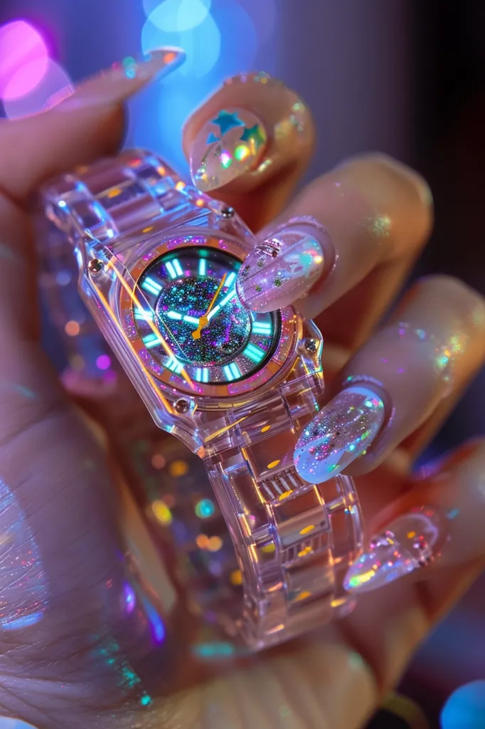 A hand with glittery nail polish holds a clear, square-faced wristwatch. The watch face has a glittery, iridescent background and gold hands. The watch is held in front of a blurred background of colorful lights. The image has a futuristic, whimsical feel.