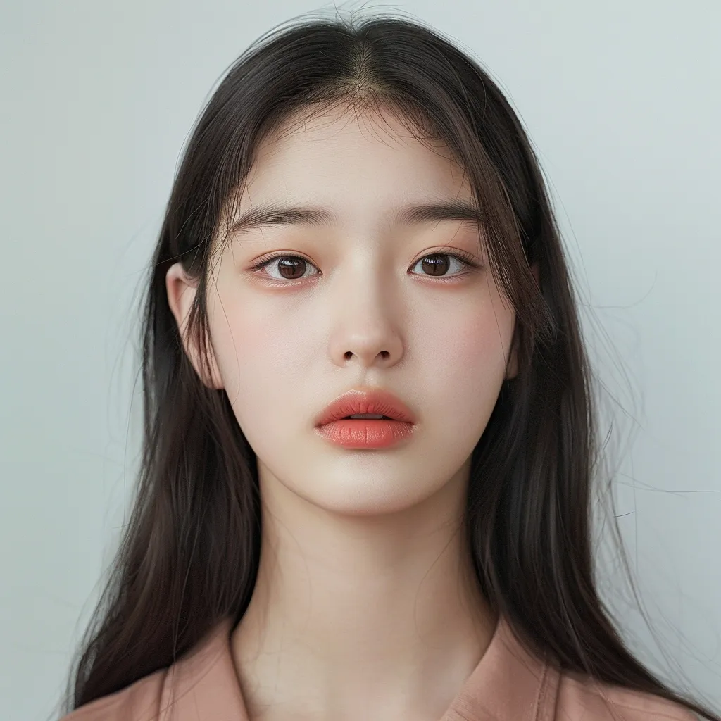 A young woman with long, dark hair looks directly at the camera with a neutral expression. She has fair skin and wears minimal makeup, with peach-toned lips and subtle eye shadow.  Her hair is parted in the middle and frames her face. She is wearing a light pink top, and the background is a plain light gray.