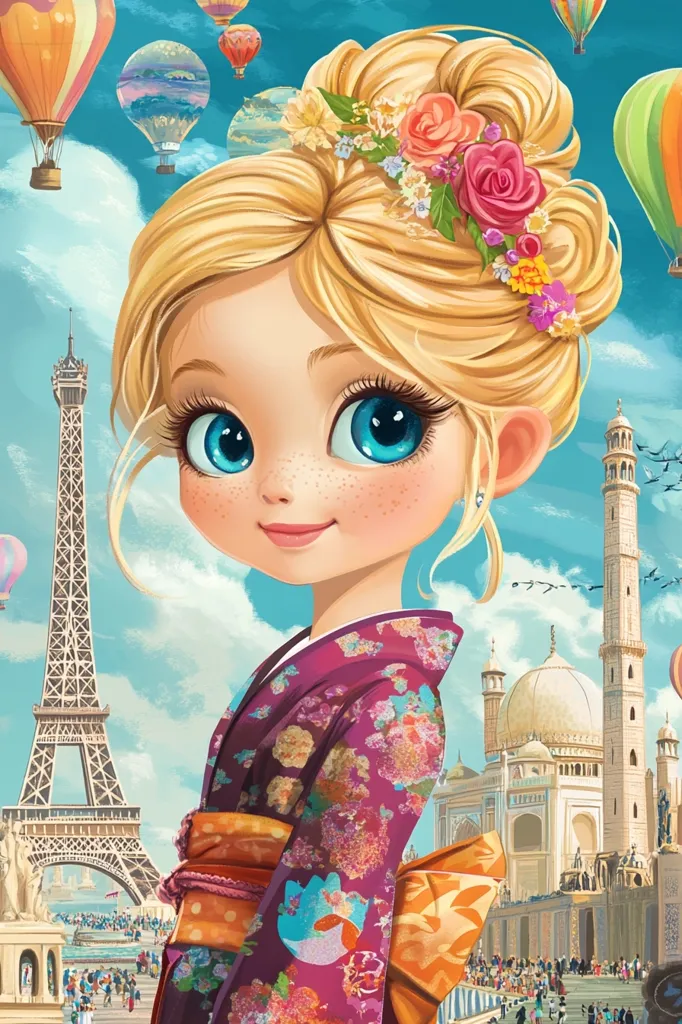 A cartoon girl with large blue eyes and blonde hair adorned with flowers, wearing a vibrant pink and orange kimono, stands in front of the Eiffel Tower and a white mosque. Hot air balloons float in the blue sky above.  The image is colorful and whimsical, capturing a sense of travel and adventure.