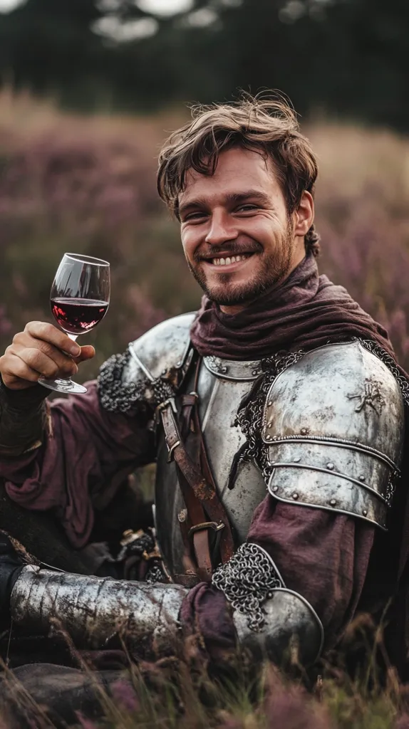A knight in full armor, wearing a burgundy tunic and a maroon scarf, sits in a field of purple wildflowers. He smiles and raises a glass of red wine, enjoying a moment of peace amidst his warrior life. The sunlight shines on his armor, highlighting its intricate details.  The scene evokes a sense of both strength and tranquility.