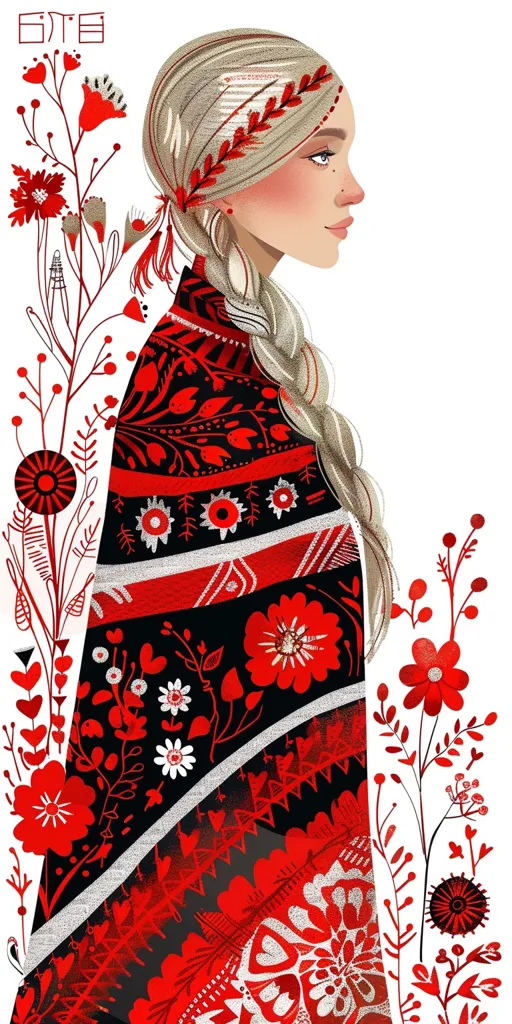 The illustration features a young woman with blonde hair braided and adorned with a red floral crown. She wears a vibrant red and black patterned shawl, with intricate floral and geometric designs. The background is a white canvas with stylized red flowers and leaves, creating a visually striking contrast against the bold colours of the woman's attire.  The image evokes a sense of traditional folk art and celebration.
