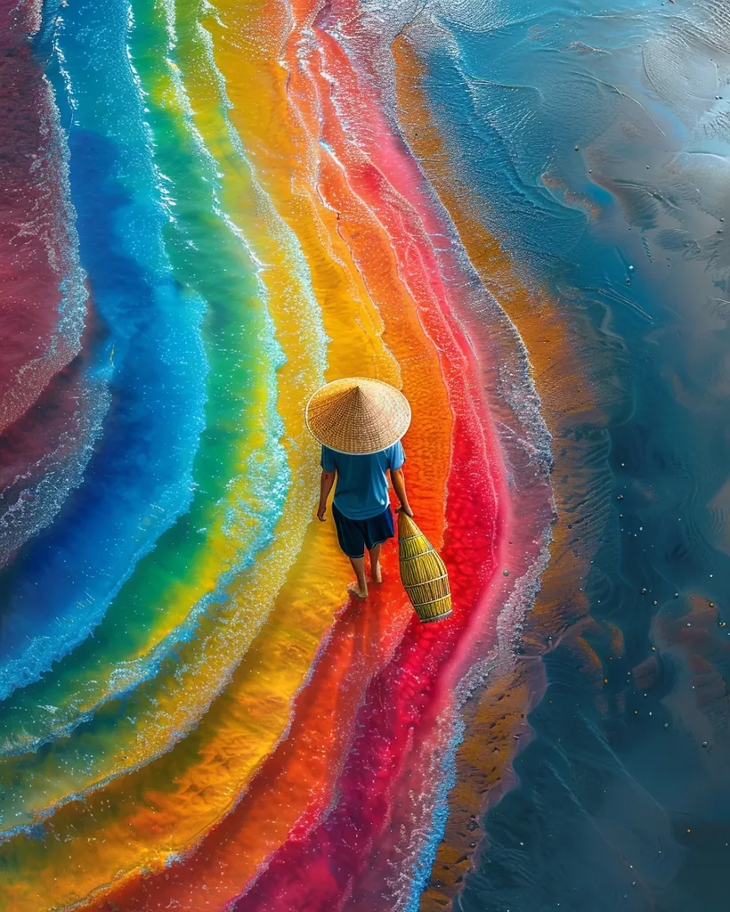 A lone figure walks along a beach with a colorful, rainbow-like pattern. The person is wearing a blue shirt, shorts, and a conical hat, and carries a basket in their hand. The water is shallow and the sand is visible in some areas, creating a striking contrast with the vibrant hues of the beach.  The image is a breathtaking display of nature's beauty and the quiet solitude of the person walking along the beach.