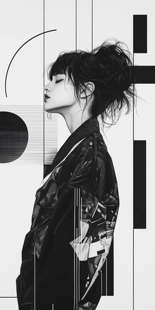 A black and white illustration of a woman with her eyes closed, her face turned to the side. She has long, dark hair styled in a bun and is wearing a jacket with a geometric pattern. The background is a white canvas with geometric shapes and lines. The image has a minimalist aesthetic with a focus on form and structure.