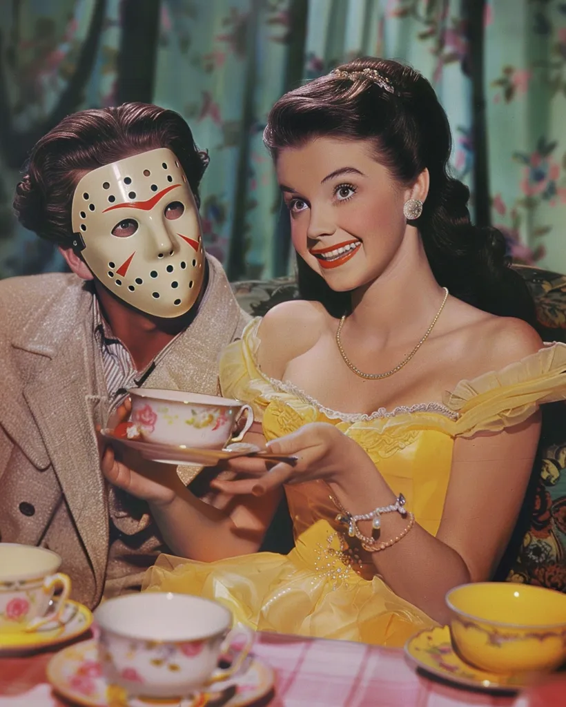 A woman in a yellow dress sits at a table with a man wearing a Jason Voorhees hockey mask. They are having tea. The woman looks at the camera with a wide smile, while the man with the mask looks away. There are teacups and saucers on the table. The image is a surreal juxtaposition of a classic princess aesthetic with a horror icon.