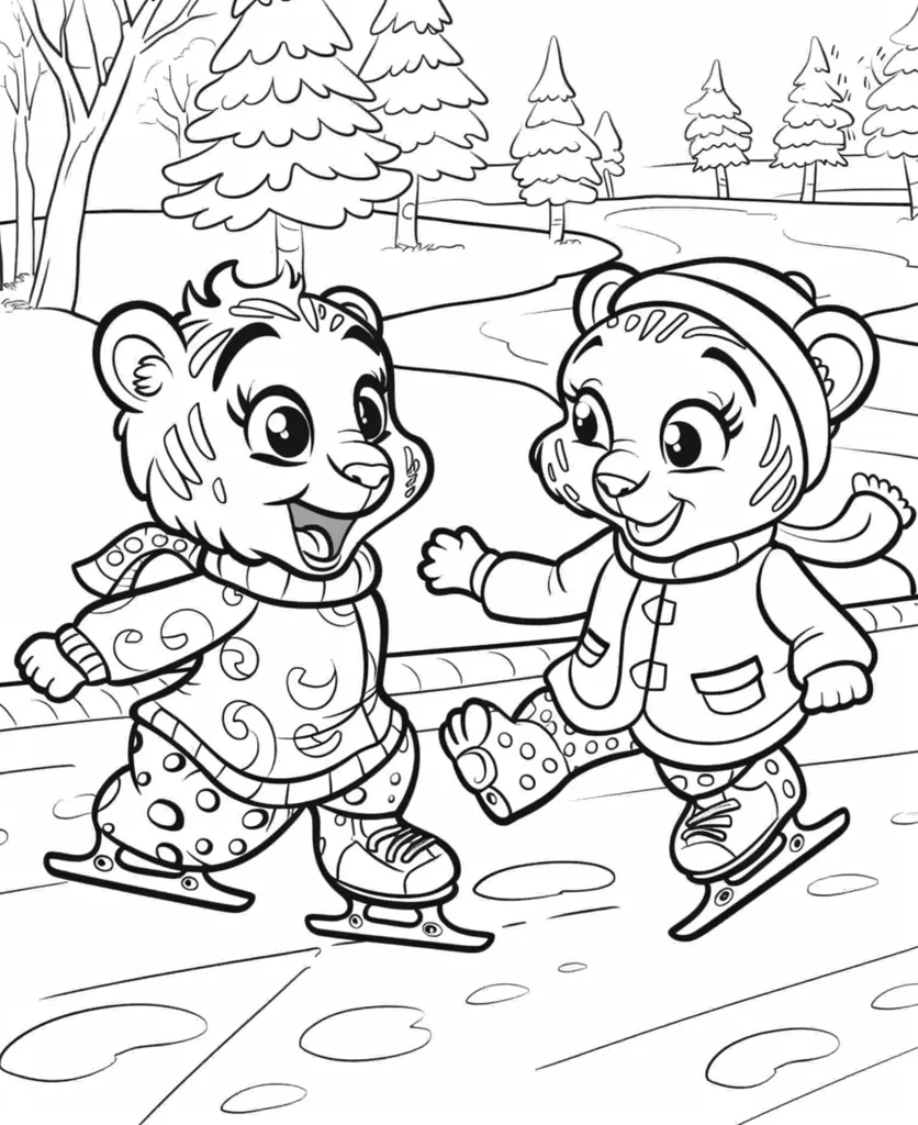 The image shows two cartoon tigers ice skating on a frozen pond. They are wearing warm winter clothes, including hats, scarves, and mittens. The tigers are smiling and enjoying their time on the ice. The background is a winter scene with trees and snow. It is a black and white line drawing.
